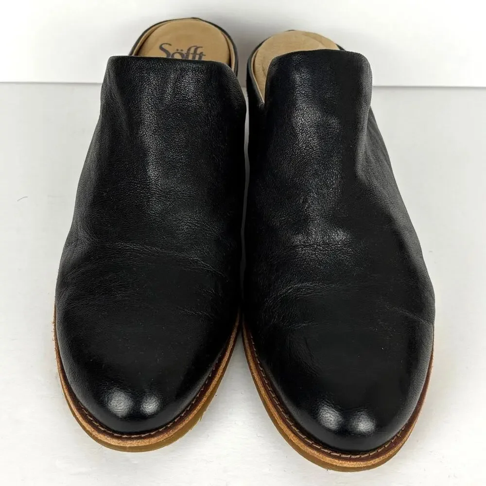 Sofft Ameera Black Leather Heeled Mules Slides Clogs 11M slip on comfort
